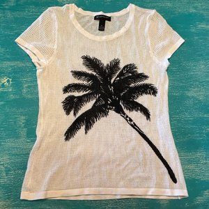 INC Brand Size P/L Women's Stretch Open Weave T-Shirt Palm Tree Design